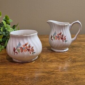 SADLER Vintage Floral Patterned Gold Trim Porcelain Creamer and Open Sugar Set